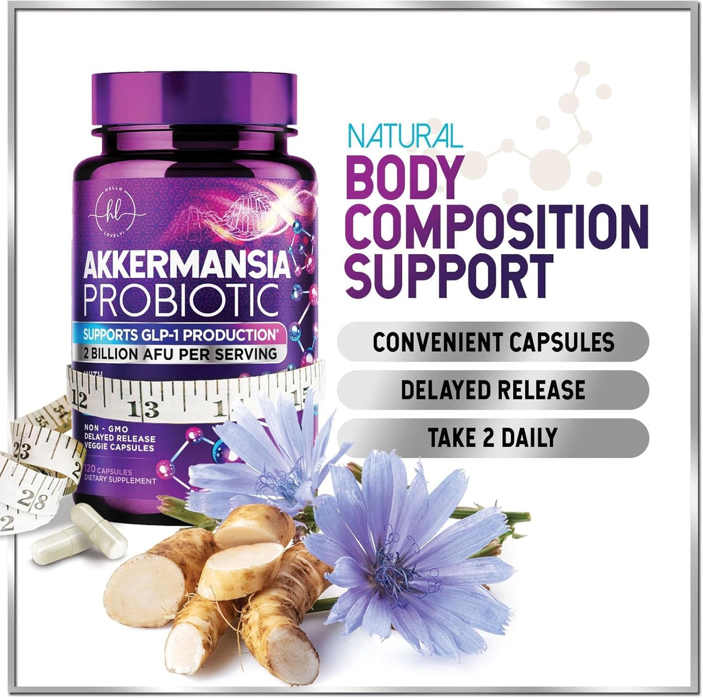 Akkermansia Probiotic - 2 Billion AFU per Serving - Best Strain for GLP-1 Production Support with Prebiotic Fiber for Natural Digestive & Gut Health Hello Lovely!