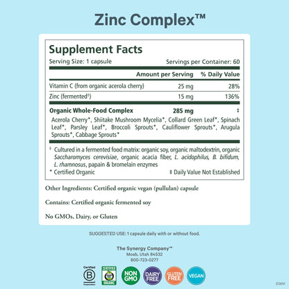 PURE SYNERGY Zinc Complex | Immune Support Supplement | Natural, Vegan Zinc Complex with Vitamin C and Organic Whole Foods | for Immune PURE SYNERGY