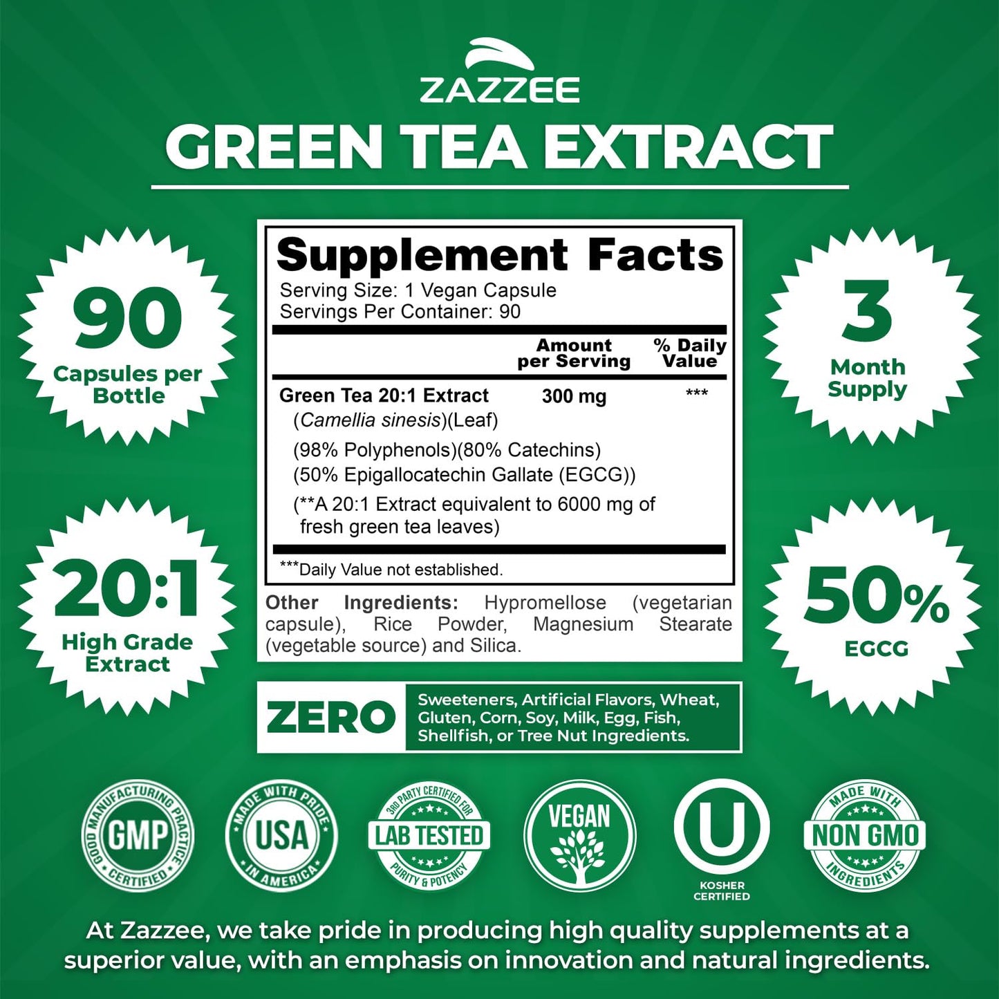 Zazzee Extra Strength Green Tea 20:1 Extract, 50% EGCG, 150 Vegan Capsules | 98% Polyphenols, 80% Catechins, 5 Month Supply, Certified Kosher, Antioxidant & Metabolism Support, Non-GMO, Made in the USA Gsupps Australia