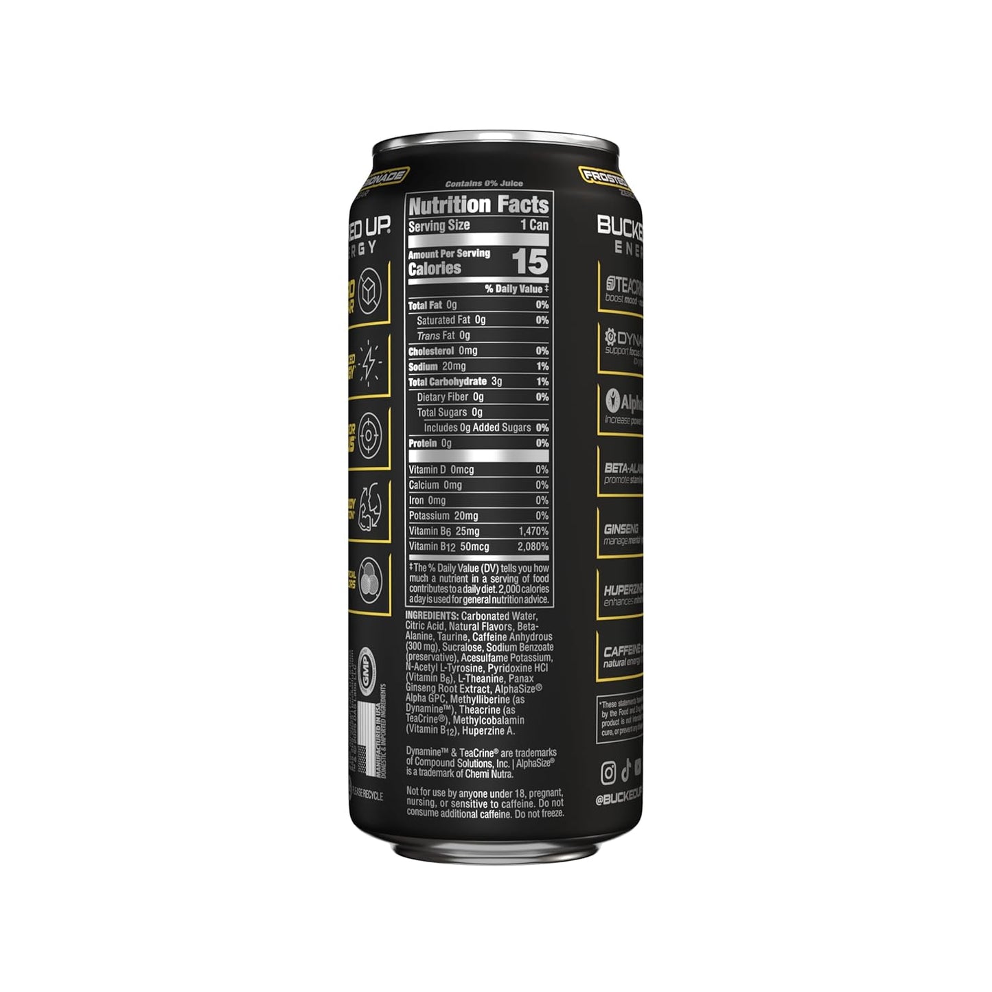 Bucked Up Energy Zero Sugar | 300mg Caffeine Energy Drink with AlphaSize TeaCrine Dynamine and Huperzine A | Zero Sugar Performance Beverage, 12 Pack, 16 fl oz Cans (Frosted Lemonade)