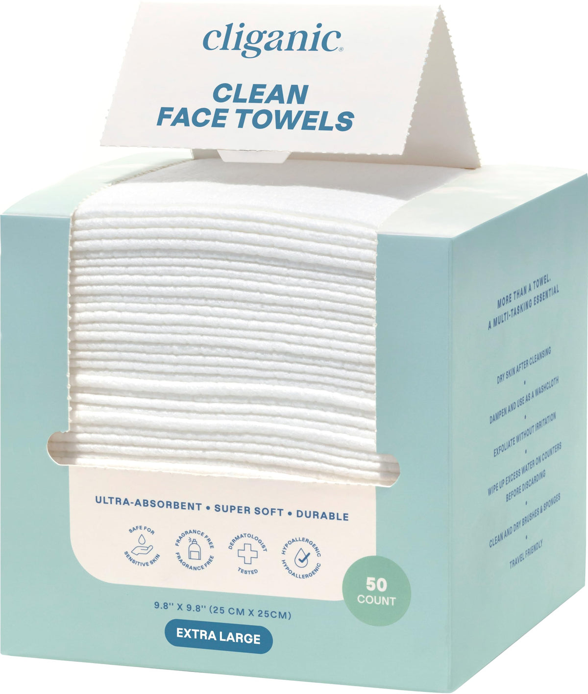 Cliganic Clean Face Towels XL, Disposable, Ultra-Absorbent, Hypoallergenic & Soft - Makeup Remover Dry Wipes, Pamper Your Face, Feel Fresh & Radiant, Hygienic Towelettes, for All Skin Types (50 Ct) Cliganic