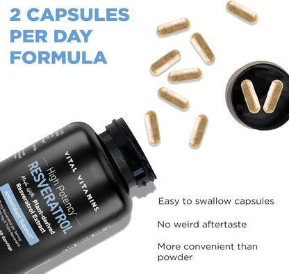 Vital Vitamins Resveratrol, 600mg with 300mg Trans-Resveratrol | Antioxidant Support for Cellular Longevity & Cognitive Function, Non-GMO, 60 Capsules Gsupps Australia