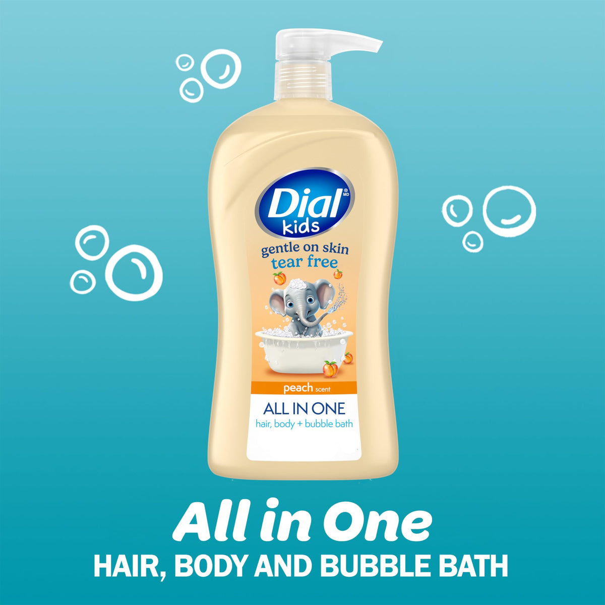 Dial Kids All-in-1 Body + Hair + Bubble Bath, Peach Scent, 32 Fl Oz, Hypoallergenic Body Wash & Shampoo, No Tears Formula for Kids 2+ Years, No Parabens & Silicones Dial