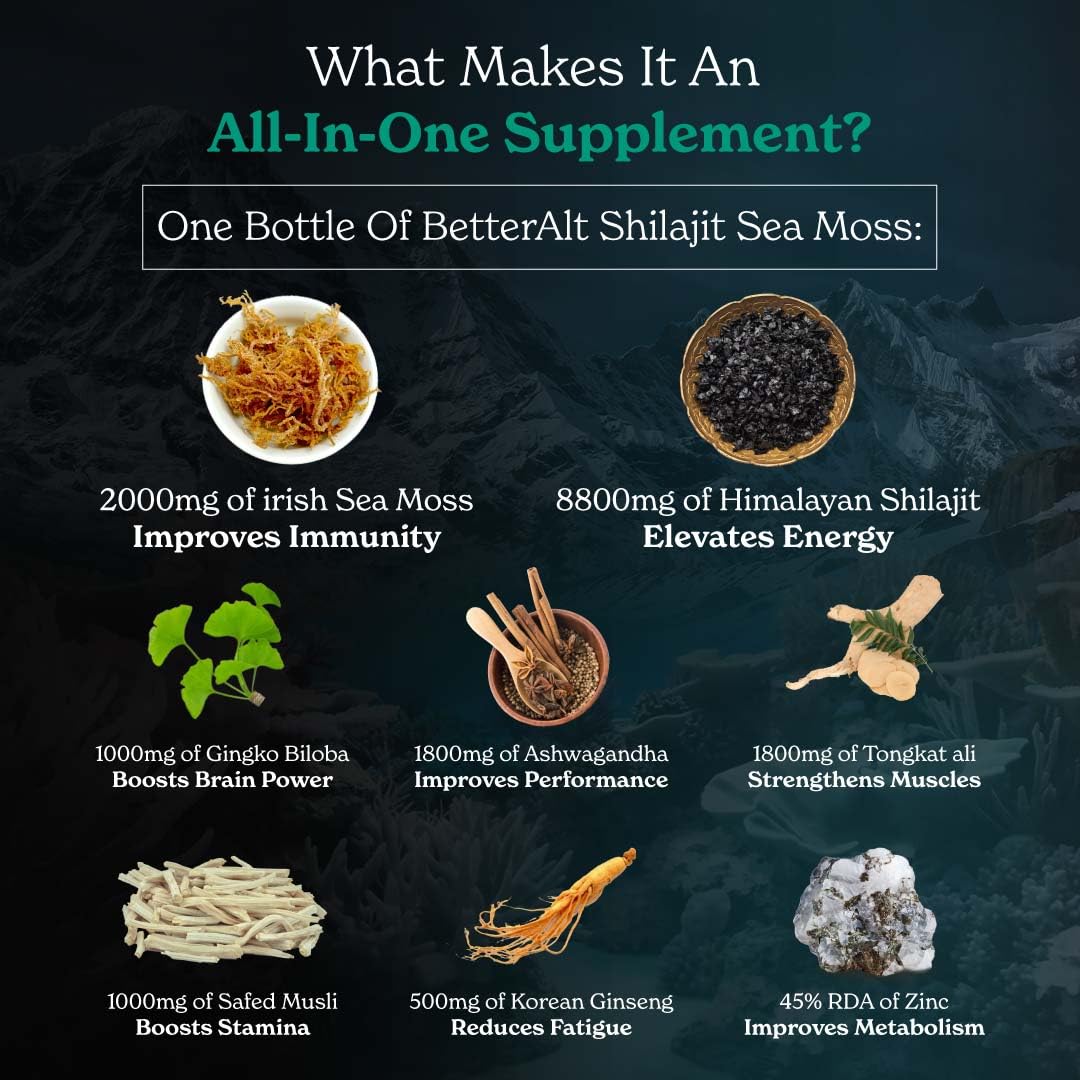 Better Alt Shilajit Sea Moss Capsules Pack of 2 with Ashwagandha & Black Pepper Extract with 85+ Essential Minerals & Antioxidants| Boosts Energy & Metabolism - 120 Servings, 240 Capsules Better Alt buy australia supplements