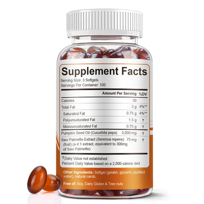 Pumpkin Seed Oil with Saw Palmetto Capsules, 3000mg/serving, 300/600 Softgels | Cold Pressed, Pure Virgin Oil, Essential Fatty Acids & Phytosterols | Supports Hair, Urinary BEWORD