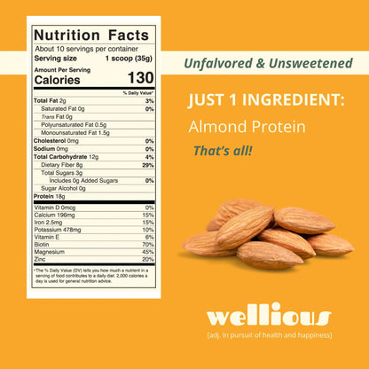 wellious Almond Protein Powder (Unflavored, Unsweetened) - 18 Grams of Pure Healthiest Vegan Protein for Women & Men | Soy-Free & Gut Friendly Protein wellious