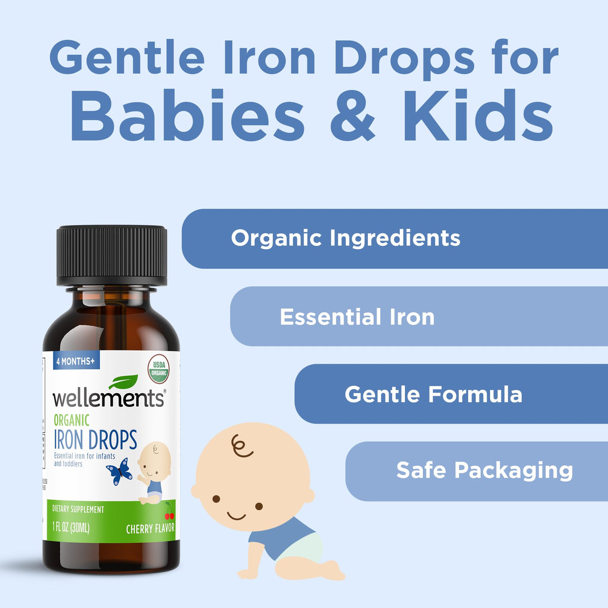 Wellements Organic Iron Drops for Newborn+ Babies (1 Fl Oz) - Cherry Flavor Liquid Iron Supplement for Infants - Toddler Iron Supplement for Kids (4months+ to 3 Years) Wellements