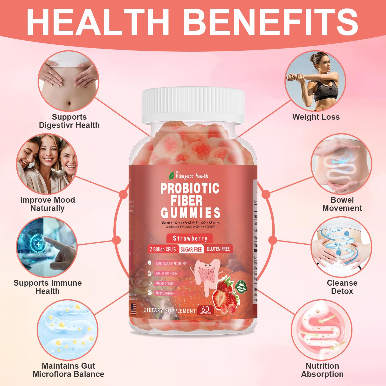 Vikaywoo Probiotic Fiber Gummies for Adults, No Sugar Added Strawberry Flavor– 2 Billion CFUs –Vitamin C,Vitamin D–Digestive Health & Regularity Support(120 Count) Vikaywoo buy australia supplements