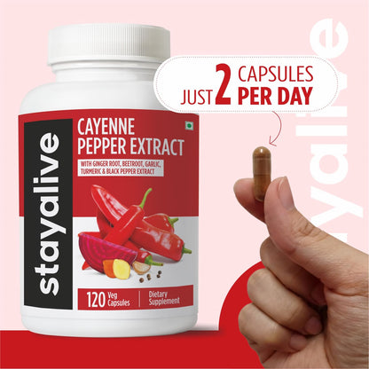 STAY ALIVE Cayenne Pepper Capsules, 6-in-1 Capsicum Blend w/Ginger, Garlic, Turmeric, Beet Root, and Black Pepper Extract, 120 Cayenne Capsules, STAY ALIVE