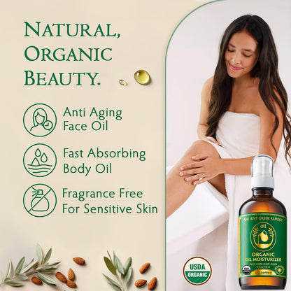 Organic Face Oil for Dry Skin - Unscented Anti-Aging Facial Oil - Jojoba, Rosehip, Almond, Olive, Vitamin E - Gua Sha oil - Fragrance Free Natural Body Moisturizer for Women & Men 4 oz Ancient Greek Remedy
