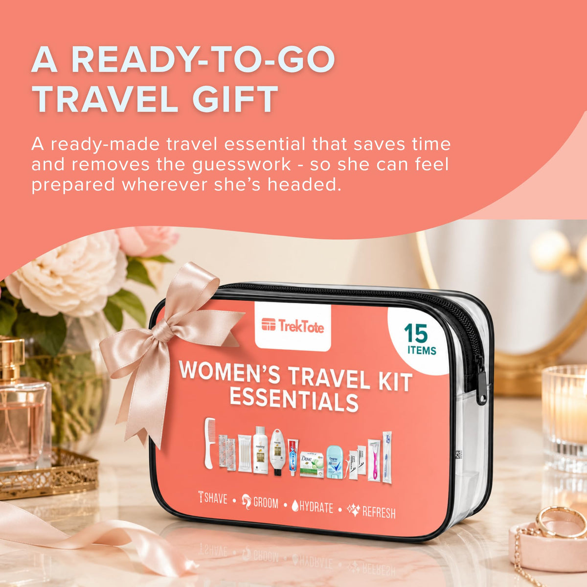 15-Piece Women’s Travel Toiletry Kit – With Premium Brand-Name Toiletries TREKTOTE