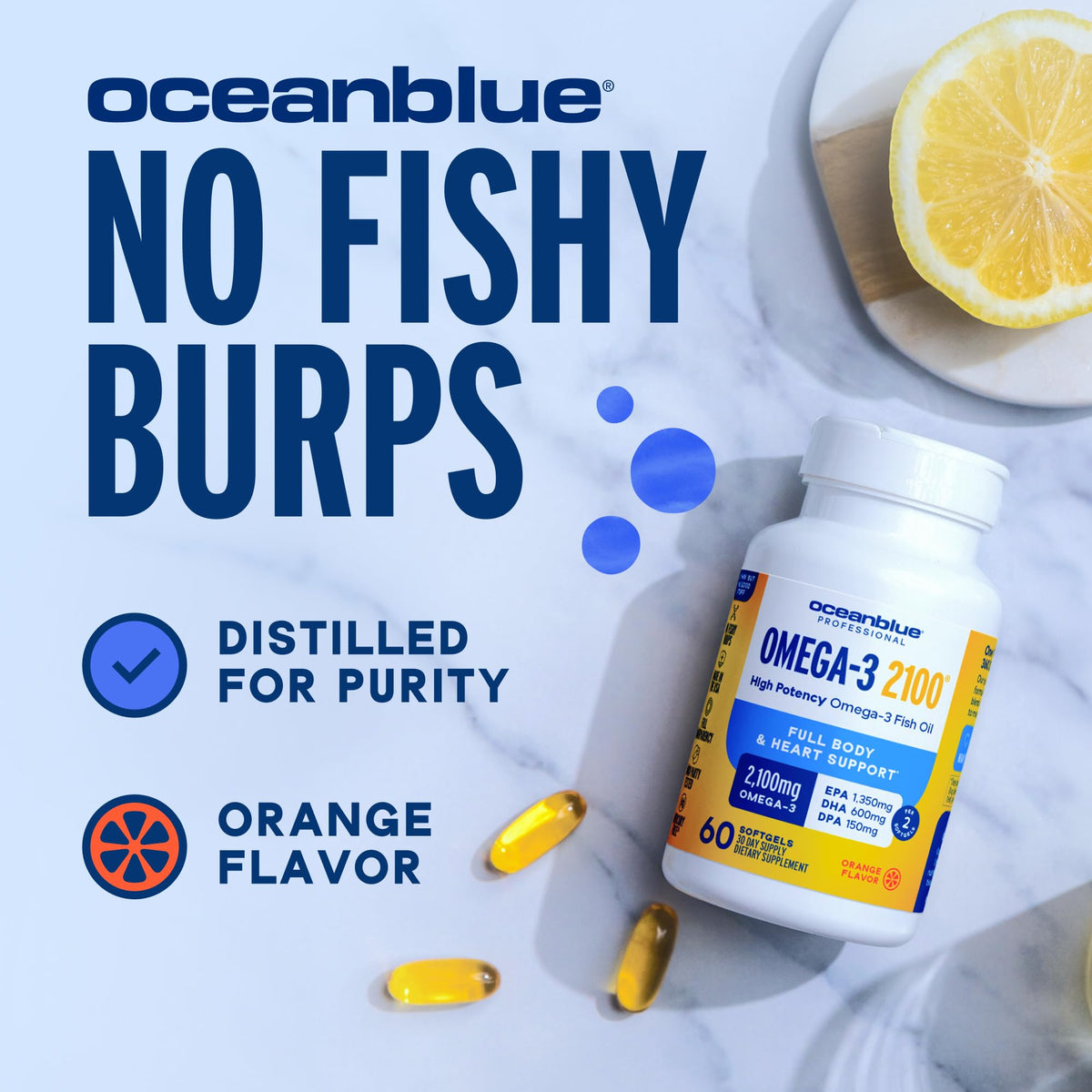 Oceanblue Professional Omega-3 2100 – 180 ct – Triple Strength Burpless Fish Oil Supplement with High-Potency EPA, DHA, DPA Oceanblue