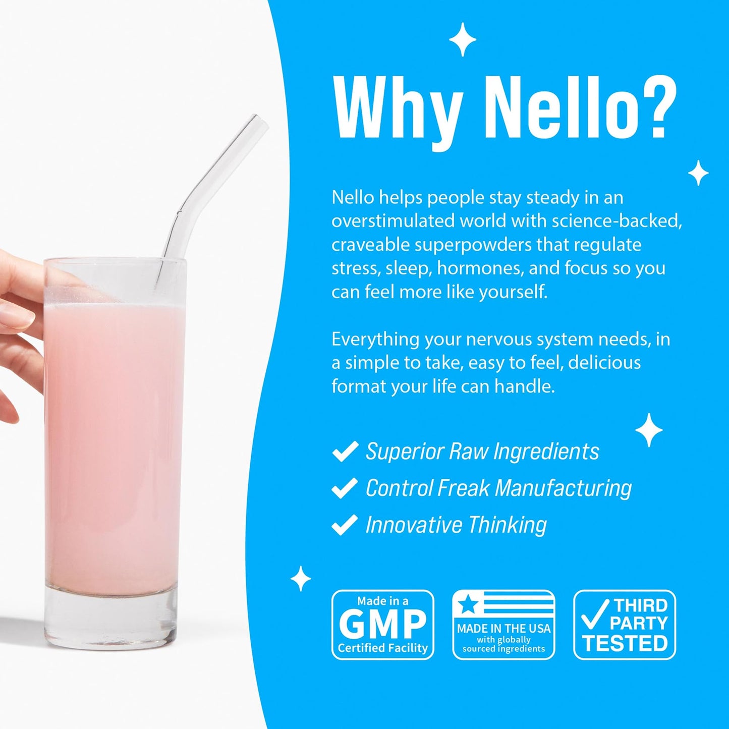 Nello Supercalm Powdered Drink Mix, Cortisol Reducer*, Sleep Aid Supplement, L Theanine, Ksm-66 Ashwagandha, Magnesium Glycinate, Vitamin D 3, No Sugar Nello