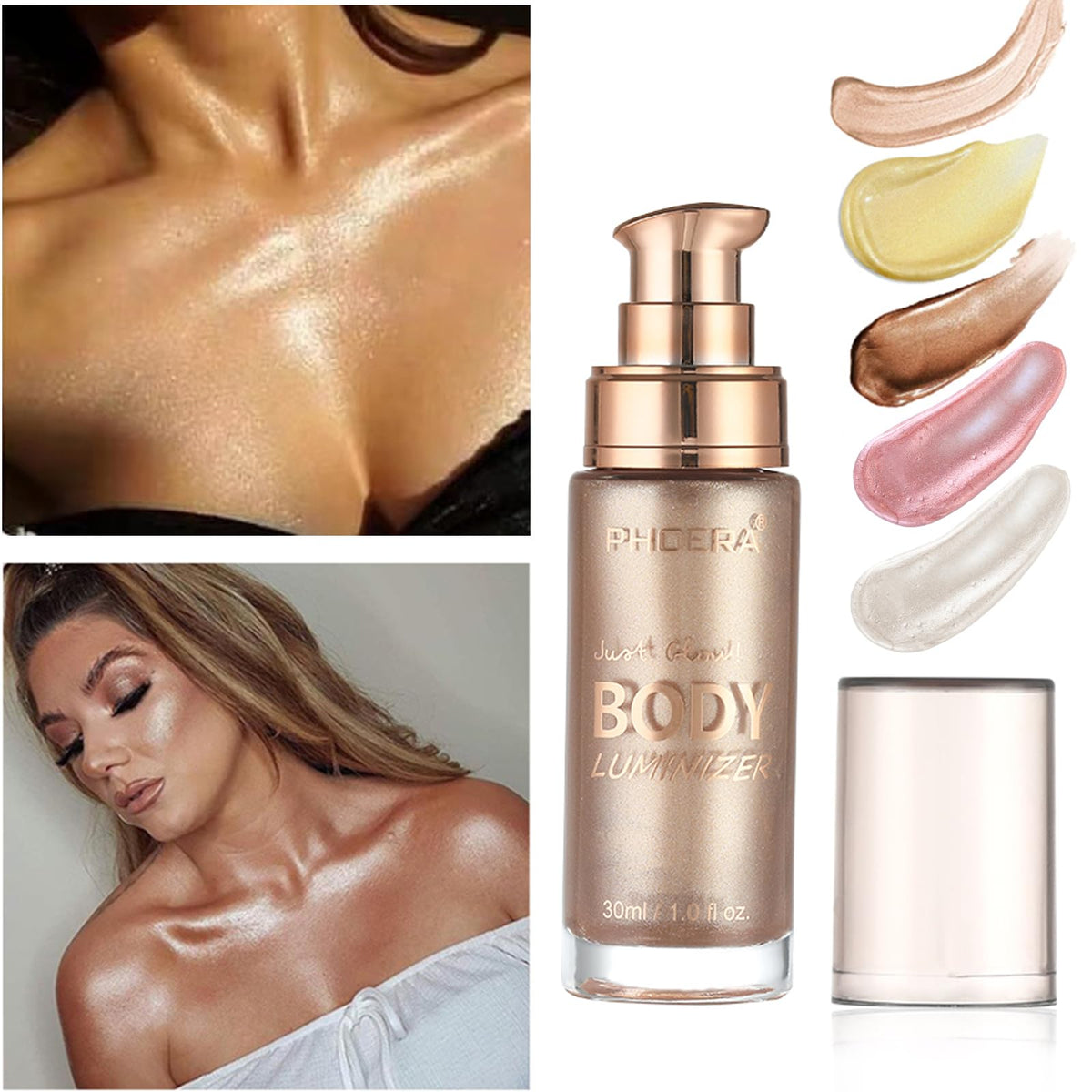 Body Shimmer Oil, Rose Gold Natural Glow Luminizer, Brush Include, 1oz Lezero