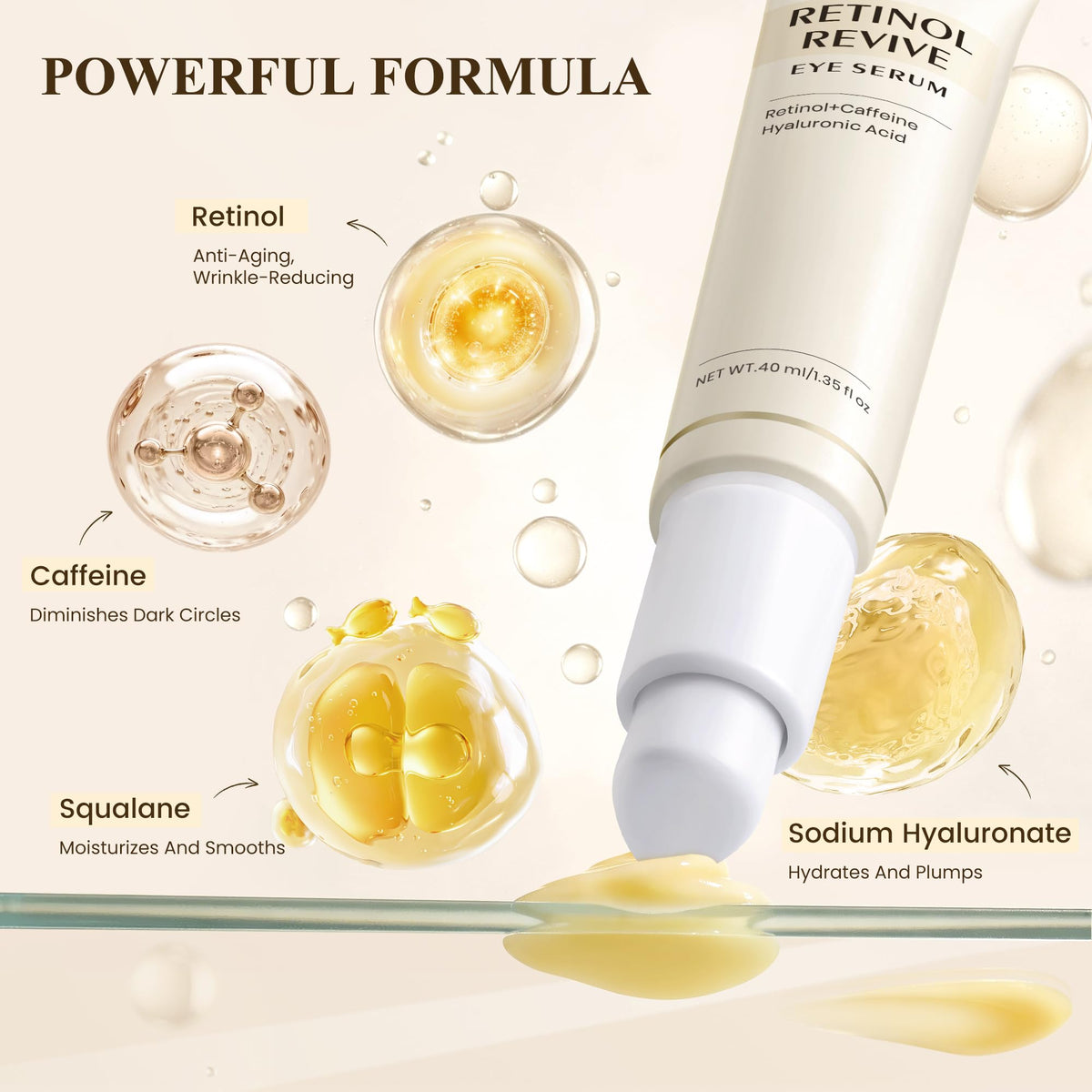 USMOTAR Retinol & Caffeine Eye Serum - Dark Circles Relief & Depuffing Treatment, Hyaluronic Acid + Collagen, Gentle Under Eye Cream for Sensitive Skin, Hydrates & Smooths Fine Lines 40ml, 1.35 fl.oz USMOTAR