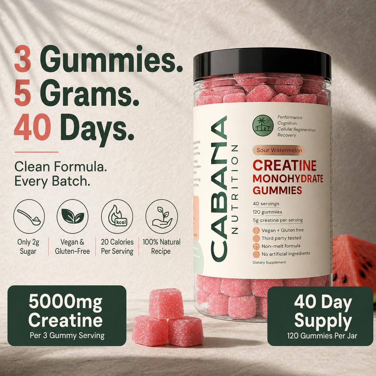 Creatine Monohydrate Gummies 5g - Only 2g Sugar, Made in USA - Sour Watermelon Flavor - Vegan & 3rd Party Tested - Pre & Post Workout Supplement for Women and Men (120 Count, 40 Servings) Cabana Nutrition buy australia supplements