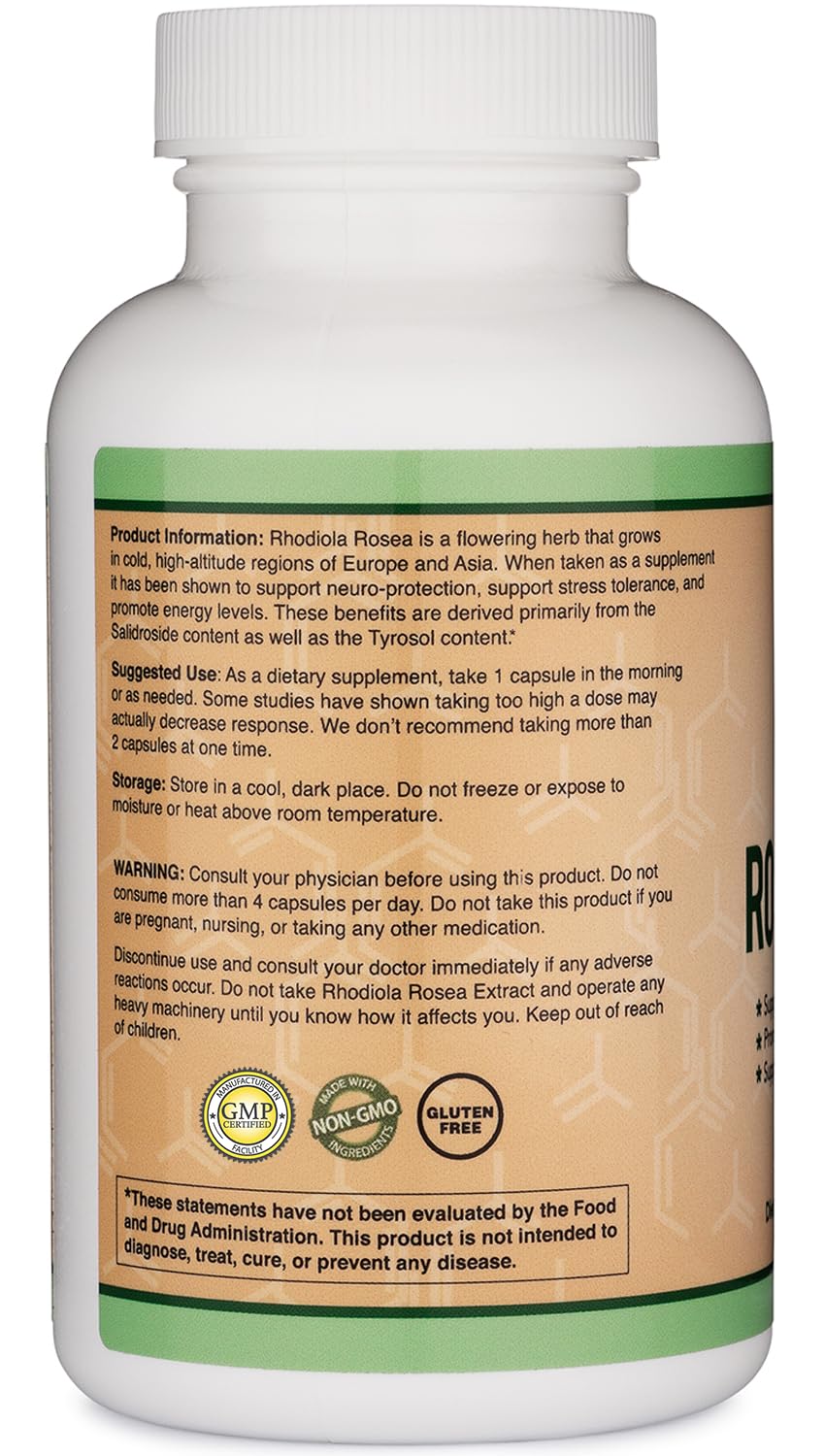 Rhodiola Rosea Supplement 500mg, 120 Vegan Capsules (Third Party Test, Gluten Free, 3% Salidrosides, 1% Rosavins Extract) for Performance, Double Wood Supplements