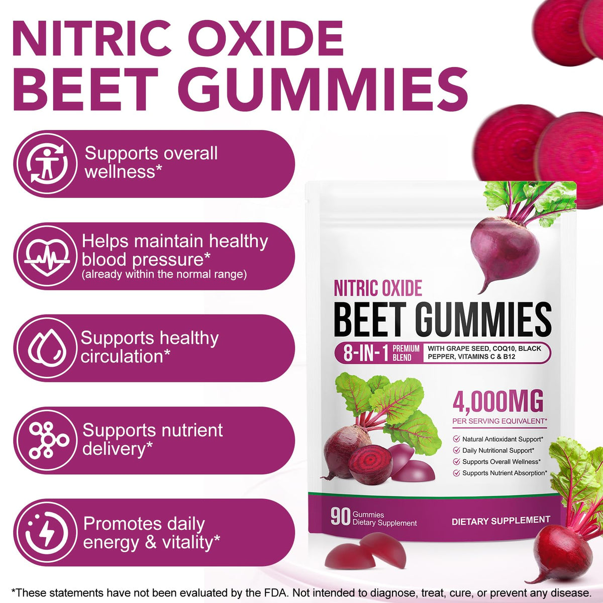 ECHTEYUN Super Beetroot Gummies, 8 in 1 Beet Root 4,000mg with Grape Seed Extract & CoQ10, Sugar Free - 90 Count (1) ECHTEYUN
