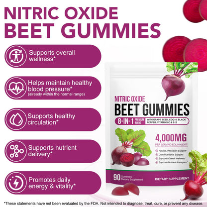 ECHTEYUN Super Beetroot Gummies, 8 in 1 Beet Root 4,000mg with Grape Seed Extract & CoQ10, Sugar Free - 90 Count (1) ECHTEYUN