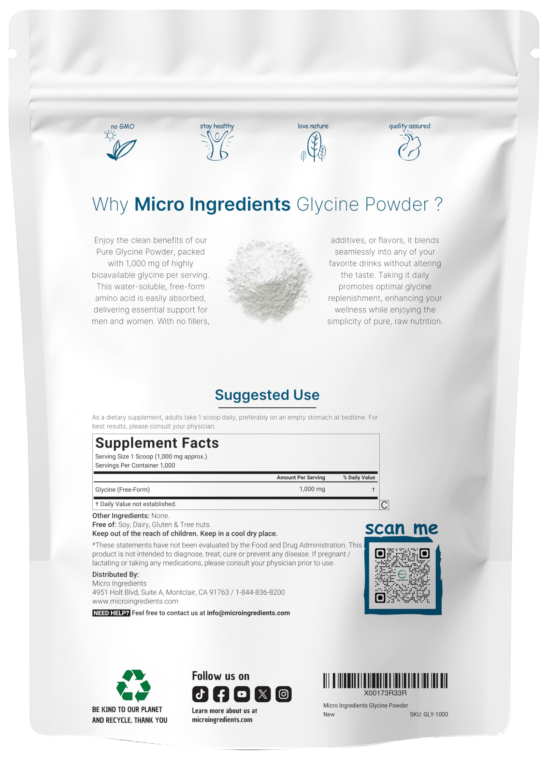 Micro Ingredients Glycine Powder, 1KG (2.2 Pounds), Glycine 1000mg Per Serving, Water Soluble and Products of USA Micro Ingredients buy australia supplements