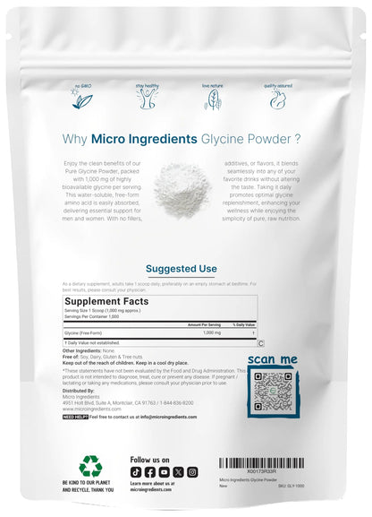 Micro Ingredients Glycine Powder, 1KG (2.2 Pounds), Glycine 1000mg Per Serving, Water Soluble and Products of USA Micro Ingredients