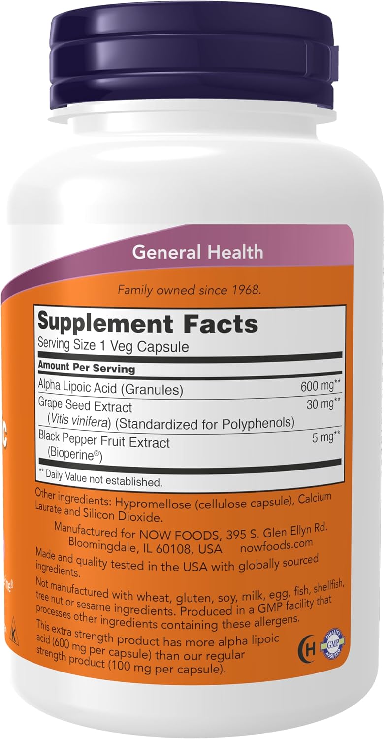 NOW Foods Supplements, Alpha Lipoic Acid 600 mg with Grape Seed Extract & Bioperine®, Extra Strength, 120 Veg Capsules Gsupps Australia