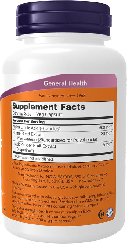NOW Foods Supplements, Alpha Lipoic Acid 600 mg with Grape Seed Extract & Bioperine®, Extra Strength, 120 Veg Capsules Gsupps Australia