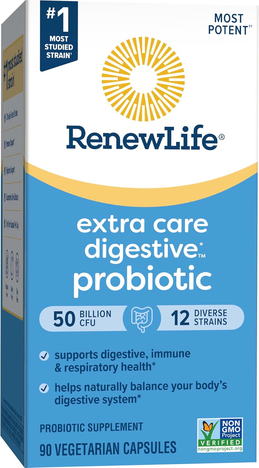 Renew Life Extra Care Digestive Probiotic Capsules, 50 Billion CFU Guaranteed, Daily Supplement Supports Immune, Digestive, Respiratory Health(1), L. Rhamnosus GG, Dairy, Soy and Gluten-Free, 90 Count | 90 Vegetarian Capsules | Supports Digestive, Immune Gsupps Australia