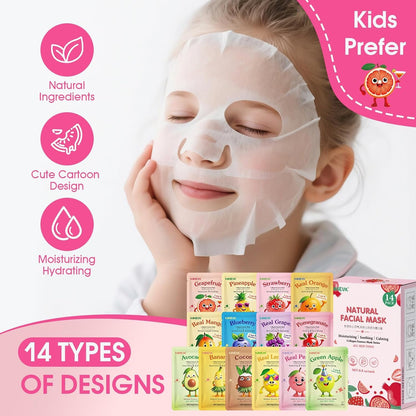 14 Pack Fruit Face Masks Skincare for Kids, Sheet Hydrating Facial Mask KONEUK