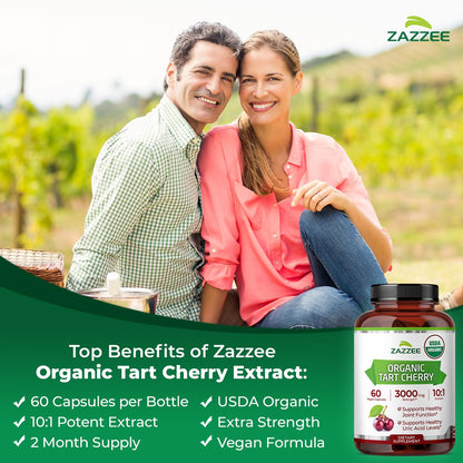 Zazzee USDA Organic Tart Cherry 10:1 Extract, 120 Capsules, 4 Month Supply | Vegan, Montmorency Cherry, Daily Wellness Antioxidant Support, Organic Herbal Supplement, All-Natural, Non-GMO, Made in USA Gsupps Australia