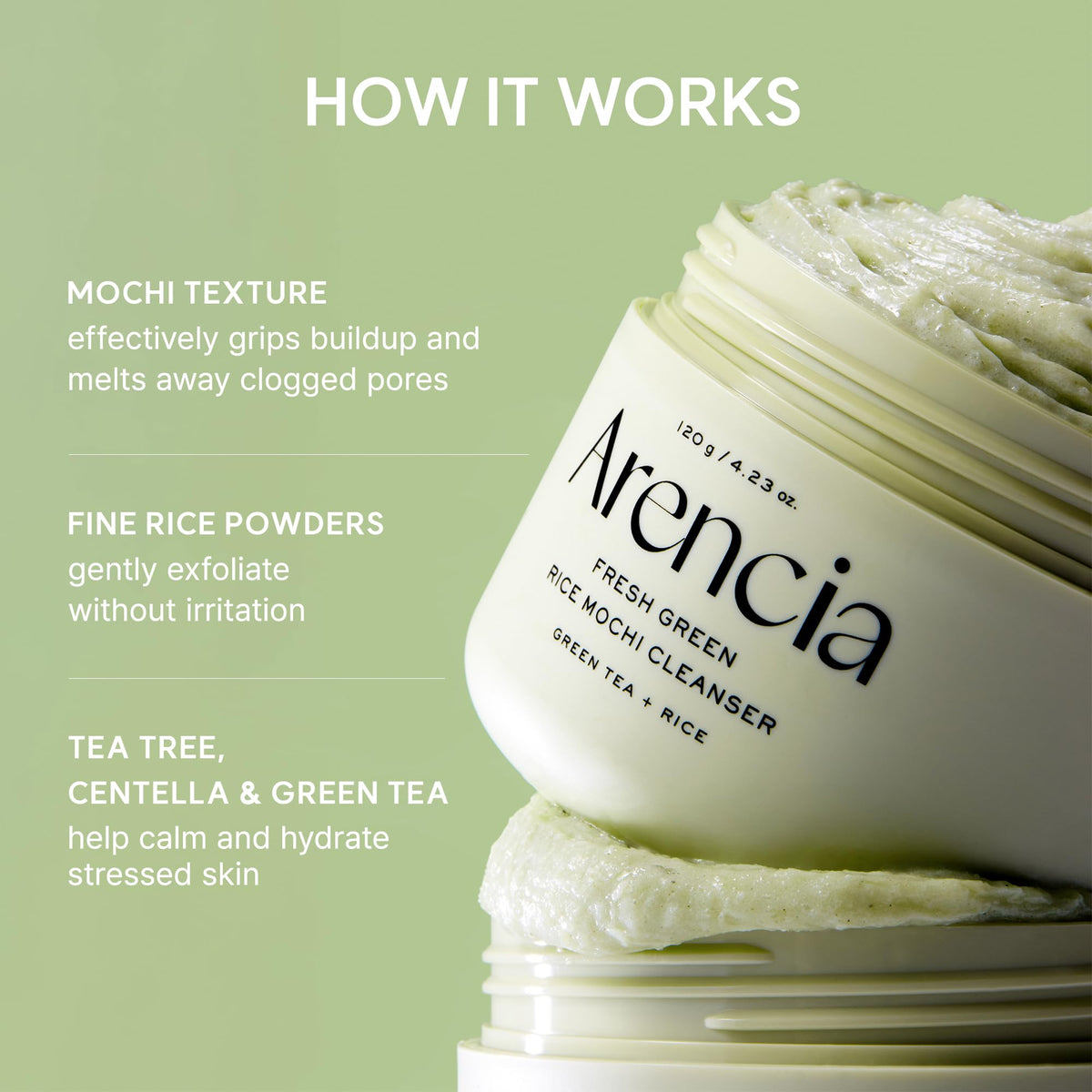 Arencia Korean Rice Mochi Face Cleanser - Face Wash, Gentle Scrub All in One for Deep Cleansing, Moisturizing, Pore Minimizing with Rice Water & Green Tea (4.23oz) ARENCIA