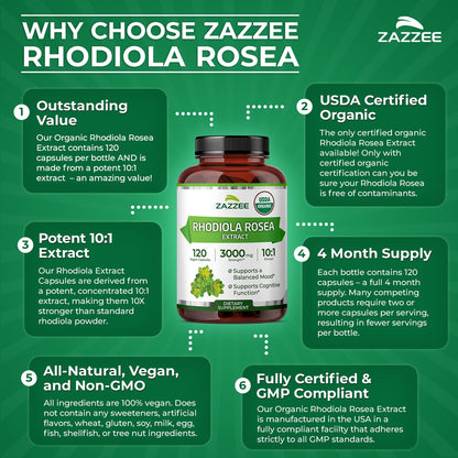 Zazzee USDA Organic Rhodiola 10:1 Extract, 120 Capsules, 4 Month Supply, Rhodiola Rosea, Energy, Stress & Mental Focus Support, Concentrated 10X Extract Zazzee