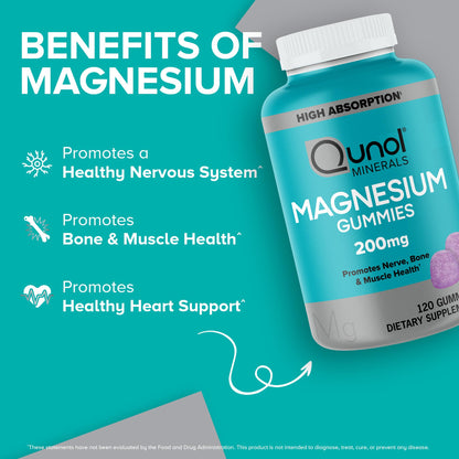 Qunol Magnesium Gummies for Adults, 200mg Elemental Magnesium (from 1,750mg Magnesium Citrate), High Absorption Magnesium Supplement, Supports Nerve, Qunol