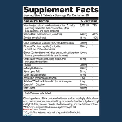 Advanced Bionutritionals – Advanced Vision Formula Supplement, Healthy Vision, Eye Function Support, Eye Vitamins, Lutein, Zeaxanthin, Vitamin A, C, Zinc, Gluten Free, Dairy Free, Vegan (60 Tablets)