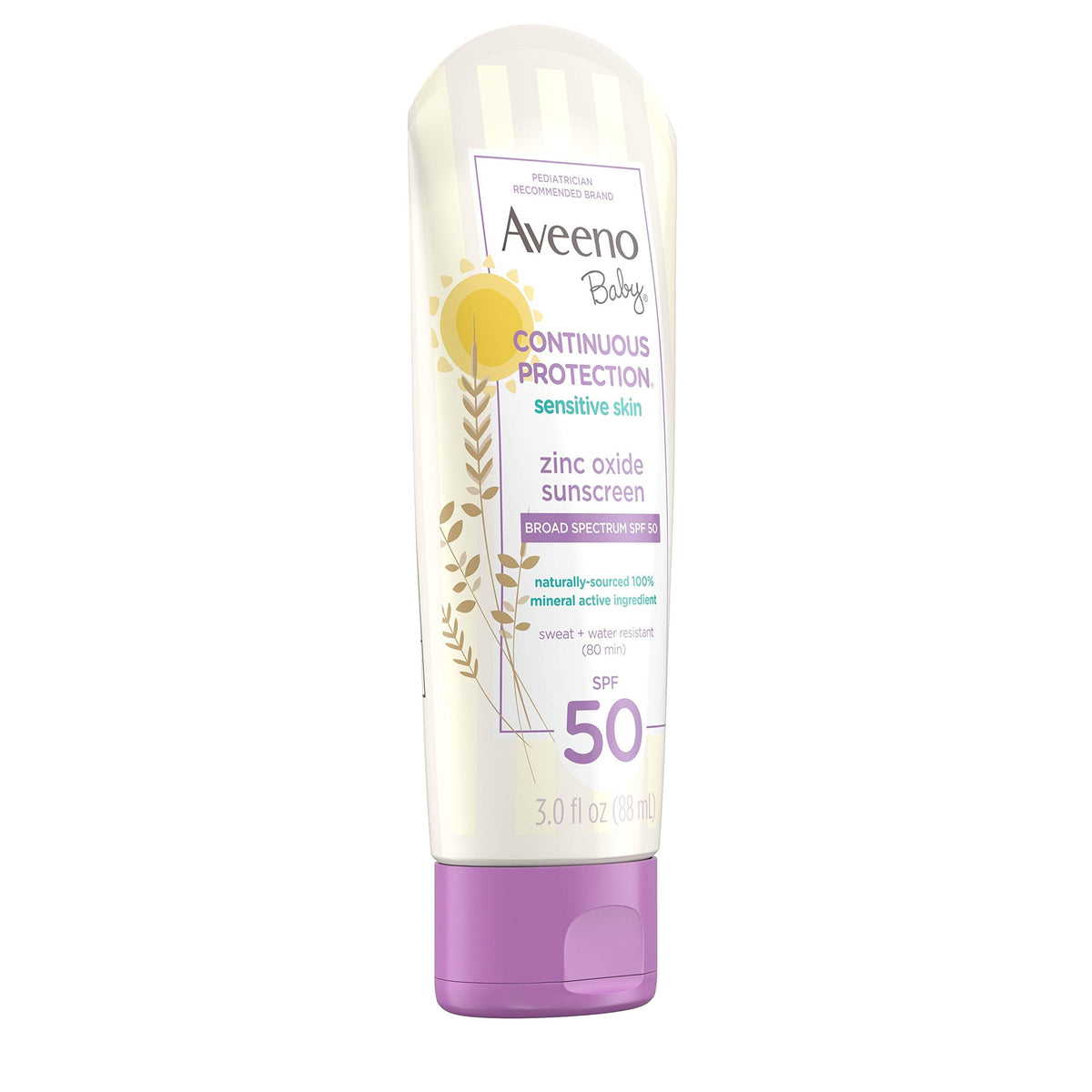 Aveeno Baby Continuous Protection Zinc Oxide SPF 50 Sunscreen for Babies with Sensitive Skin, Broad Spectrum Sun Protection, Tear-Free, Sweat- & Water-Resistant, No added Parabens, 3 Fl Oz Aveeno Baby