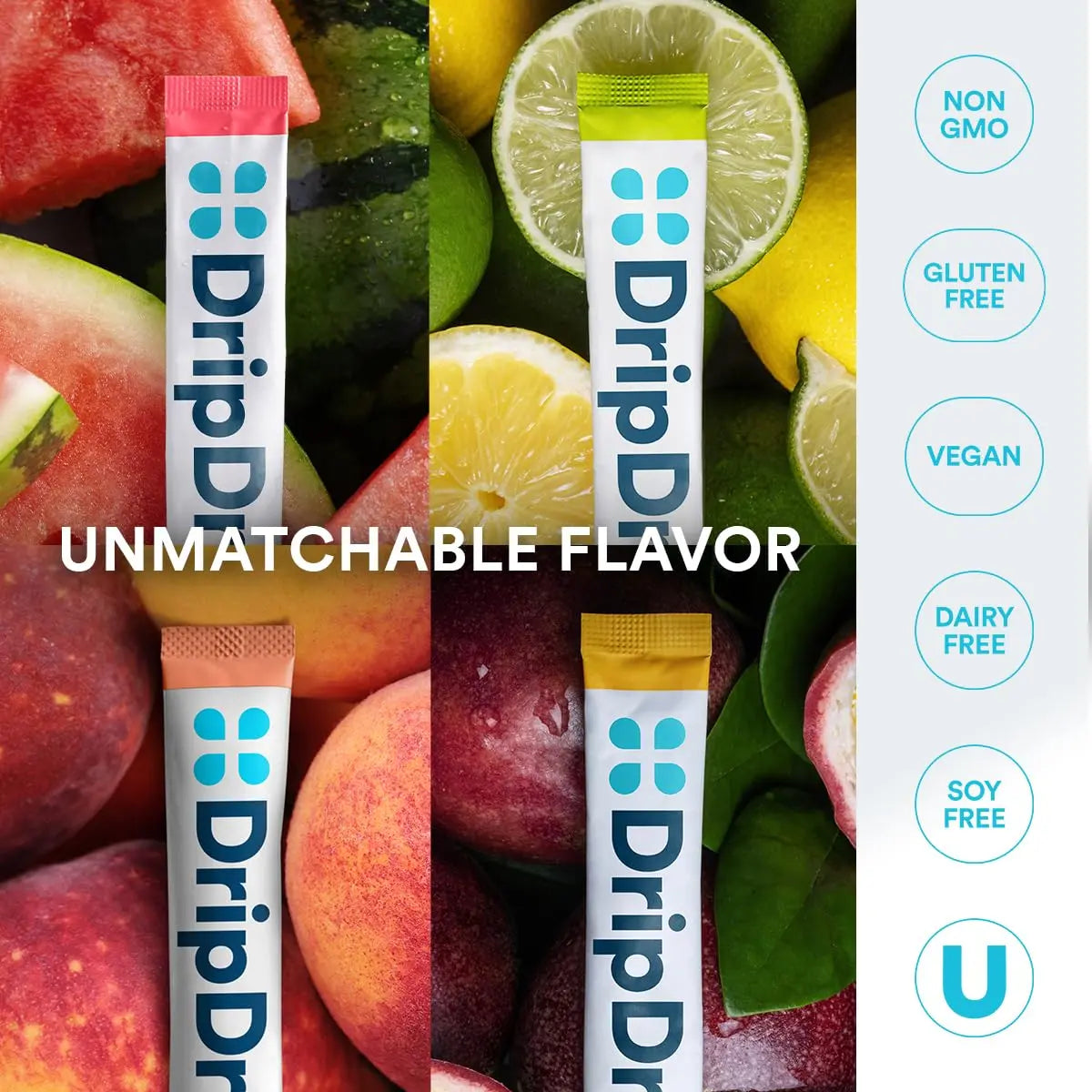 DripDrop Sugar Free Hydration Packets - Zero Classic Variety Pack - Single Serve Electrolytes Powder Drink Mix - Lemon Lime, Watermelon, Peach, Passion Fruit DripDrop