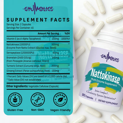 Gyumolics Nattokinase Supplement 10000FU with Organic Nattokinase, Serrapeptase, Bromelain, Curcumin, Vitamin E & Ginseng, Gyumolics
