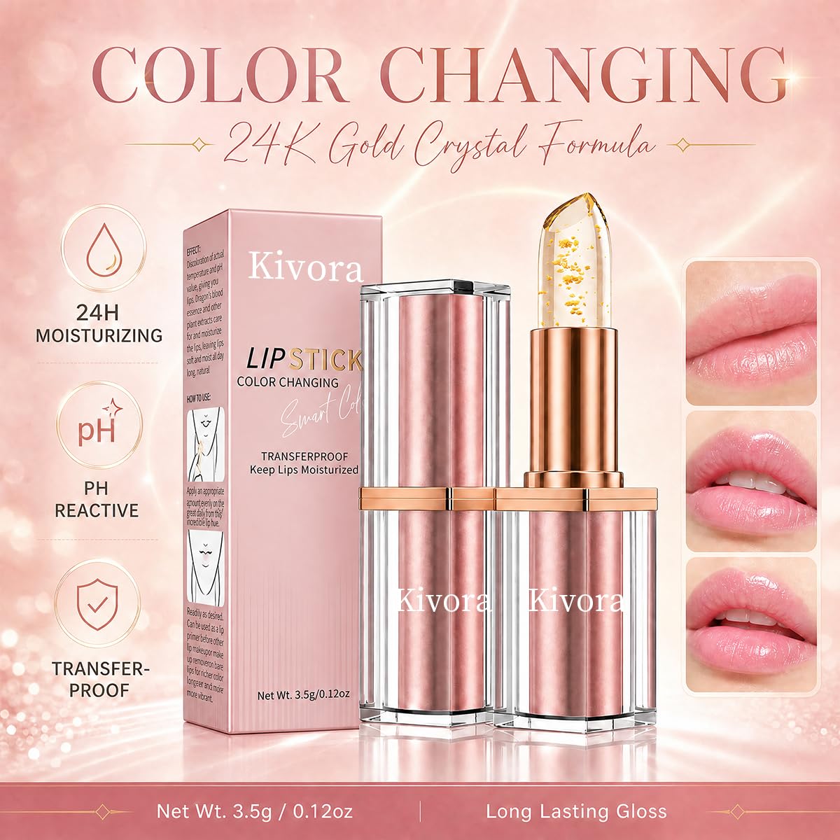 Kivora Lipstick（2 Pack）,Latest Rose Gold Kivora Lipstick for Mature Lips,PH Lipsticks Color Changing, Long Lasting Moisturizing Tinted Lip Balm Generic