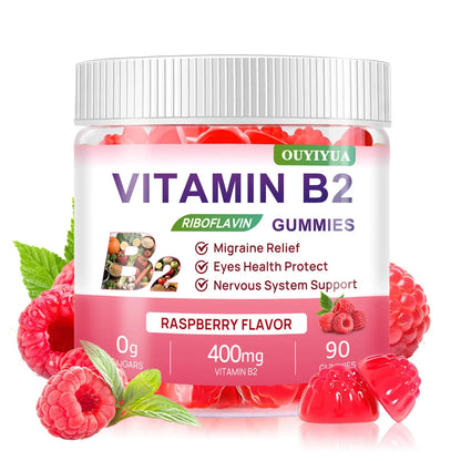 Vitamin B2 Gummies Riboflavin 400mg Supplement with Magnesium for Kids & Adults B2 Gummies for Migraine Relief, Headache Relief & Nervous System Support OUYIYUA