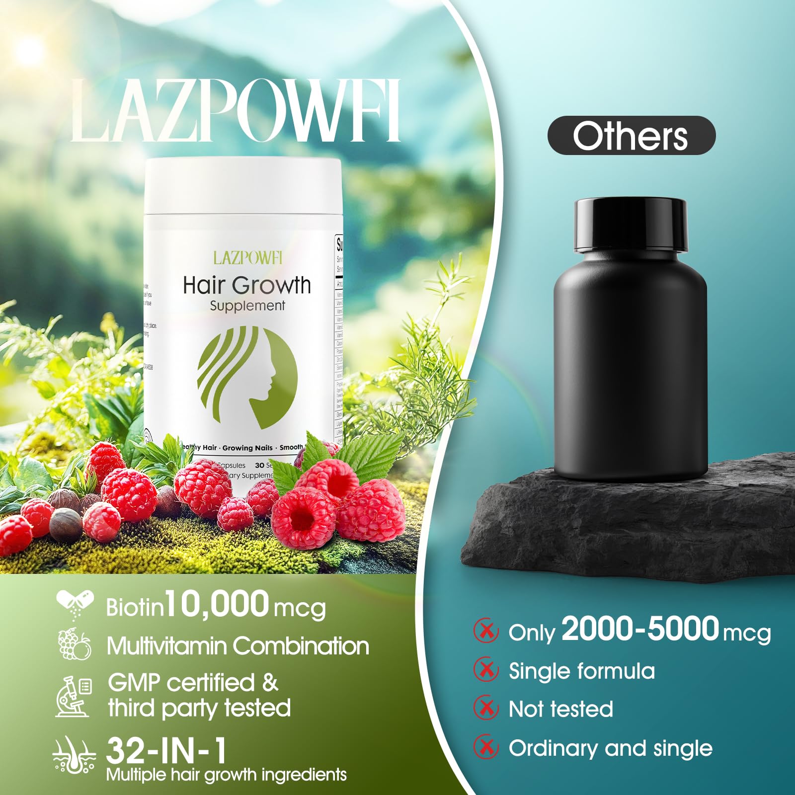 Lazpowfi Hair Growth Supplement, Biotin 10000mcg, 32-in-1 with Vitamin A, B3, C, Magnesium, Calcium, Hair Growth Products, Supports Hair & Nails Natural Growth Vitamins, for Women & Men - 30 Servings Lazpowfi buy australia supplements