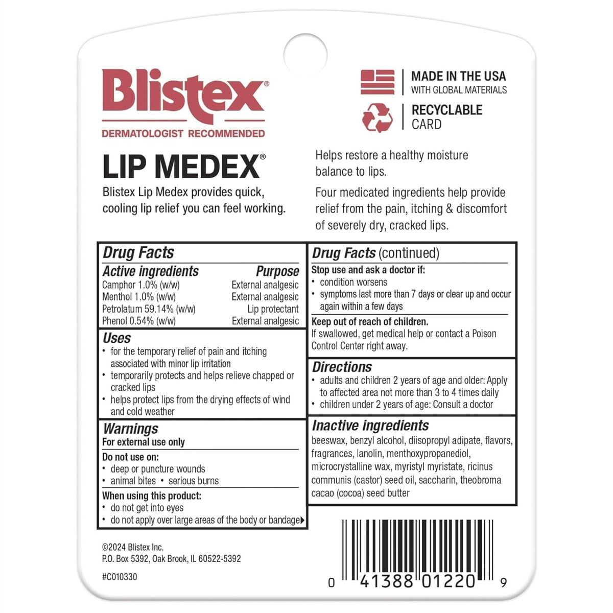Blistex Lip Medex Medicated Lip Balm, 24 Hr Moisture, 0.25 oz, 3 Count Blistex