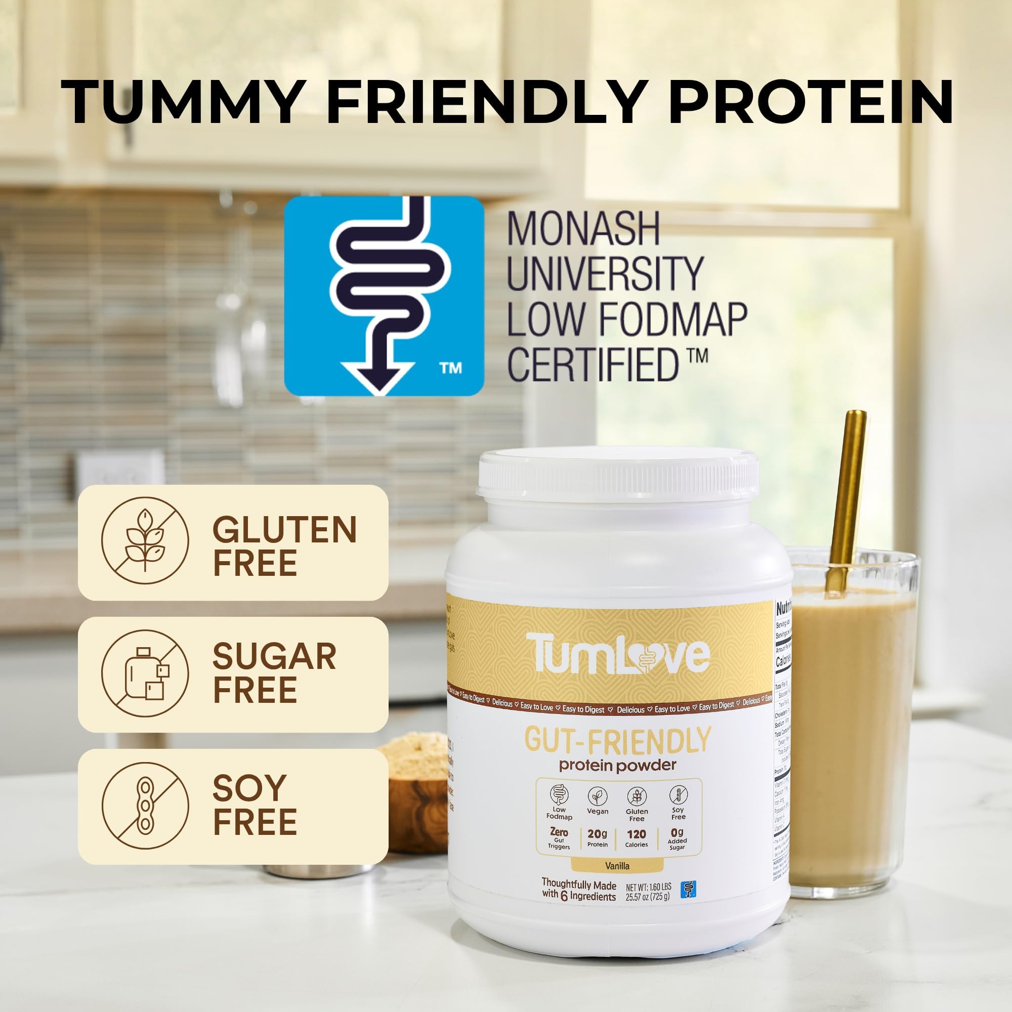 TumLove Vegan Protein Powder - Low FODMAP Certified, Gluten-Free, Dairy-Free, Soy-Free, 100% Gut-Friendly & Non-Bloating, Vanilla (25 Servings) TumLove buy australia supplements