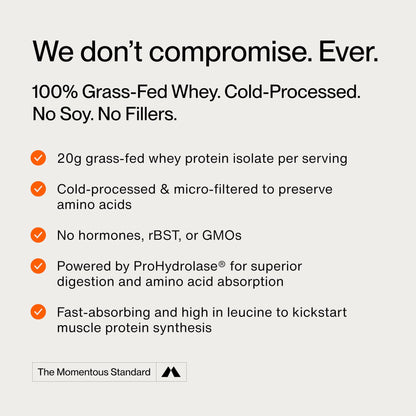 Momentous Essential Grass-Fed Whey Protein Powder - 20 g Whey Isolate Protein - NSF Certified for Sport - Gluten-Free - 25 Servings for Essential Everyday Use - Unflavored - Package May Vary Momentous