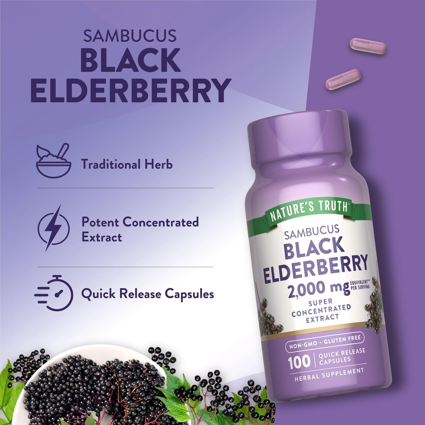 Nature's Truth Black Elderberry Capsules | 100 Count | Super Concentrated Sambucus Extract | Non-GMO and Gluten Free Supplement Nature's Truth