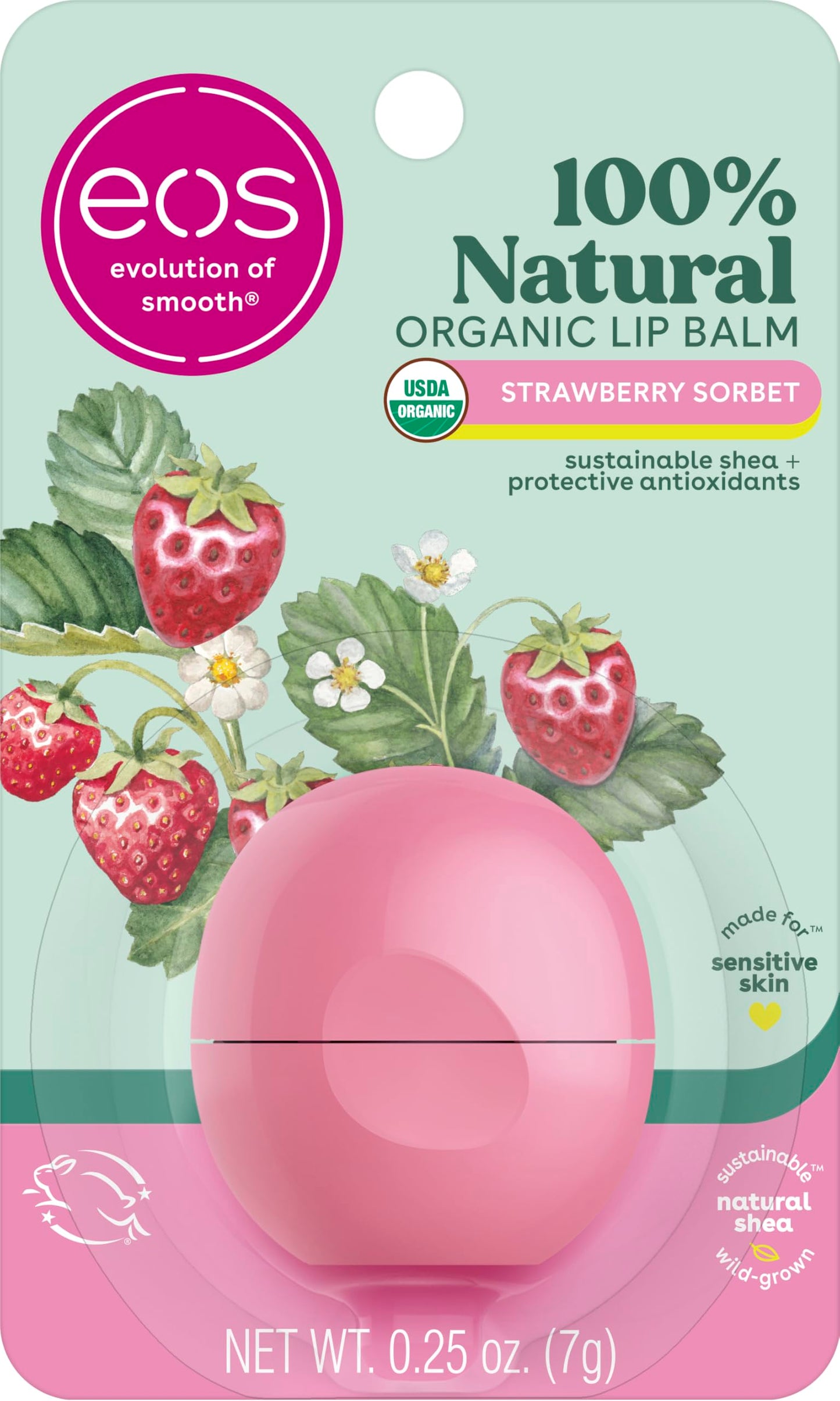 eos 100% Natural & Organic Lip Balm - Strawberry Sorbet, All-Day Moisture, Dermatologist Recommended for Sensitive Skin Care, Lip Care Products, 0.25 oz eos