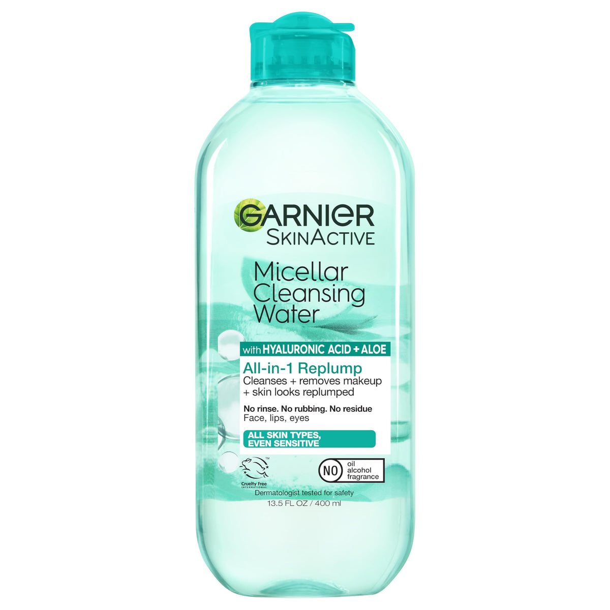 Garnier Micellar Water with Hyaluronic Acid, Facial Cleanser & Makeup Remover, Hydrating and Plumping, For All Skin Types, Vegan, Cruelty Free, 13.5 Fl Oz (400mL), 1 Count Garnier