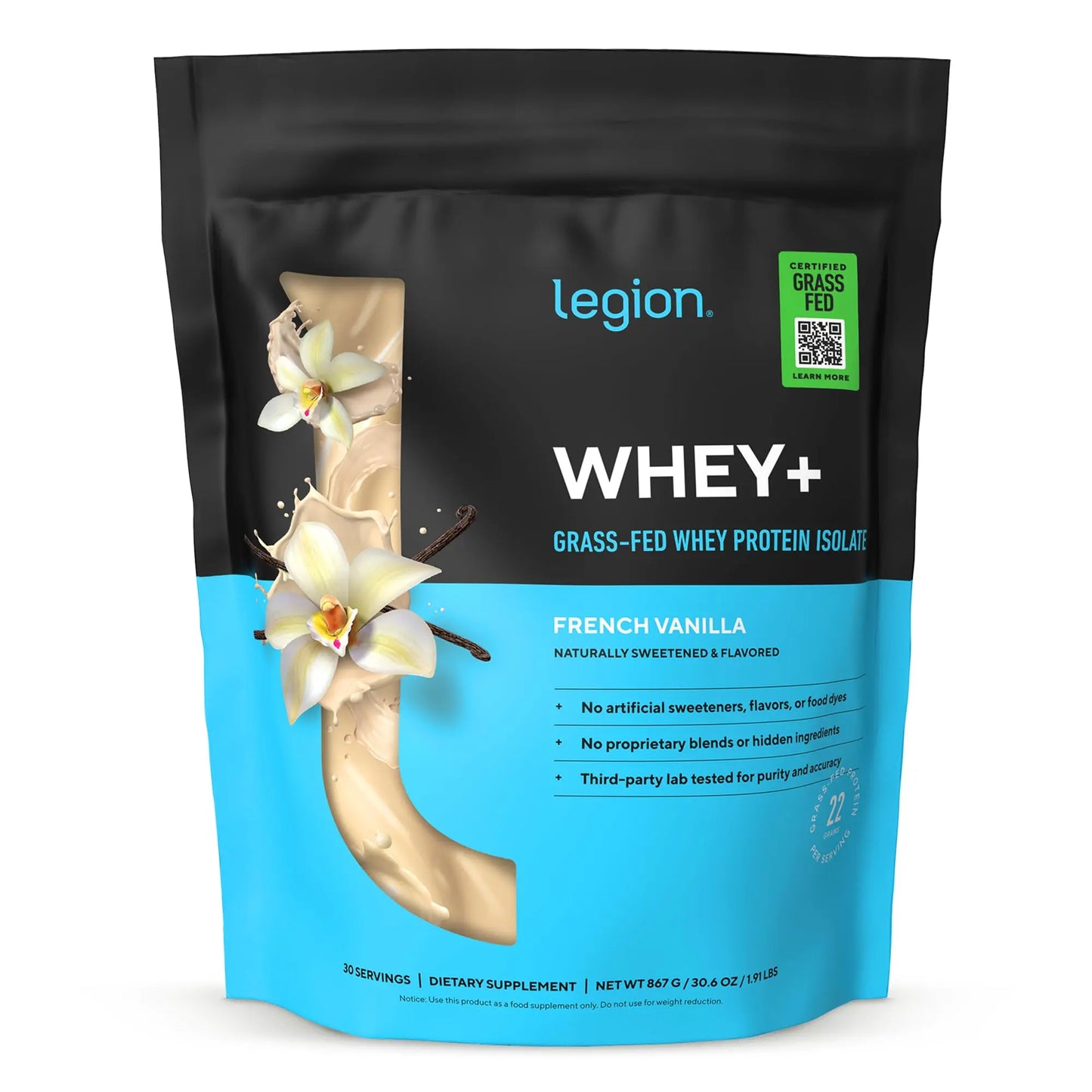 LEGION Whey+ Protein Whey Isolate from Grass Fed Cows (French Vanilla, 30 Servings) - Whey Protein Isolate Powder, Low Calorie, Non-GMO, Sugar Free, Lactose and Gluten Free, All Natural Protein Powder LEGION