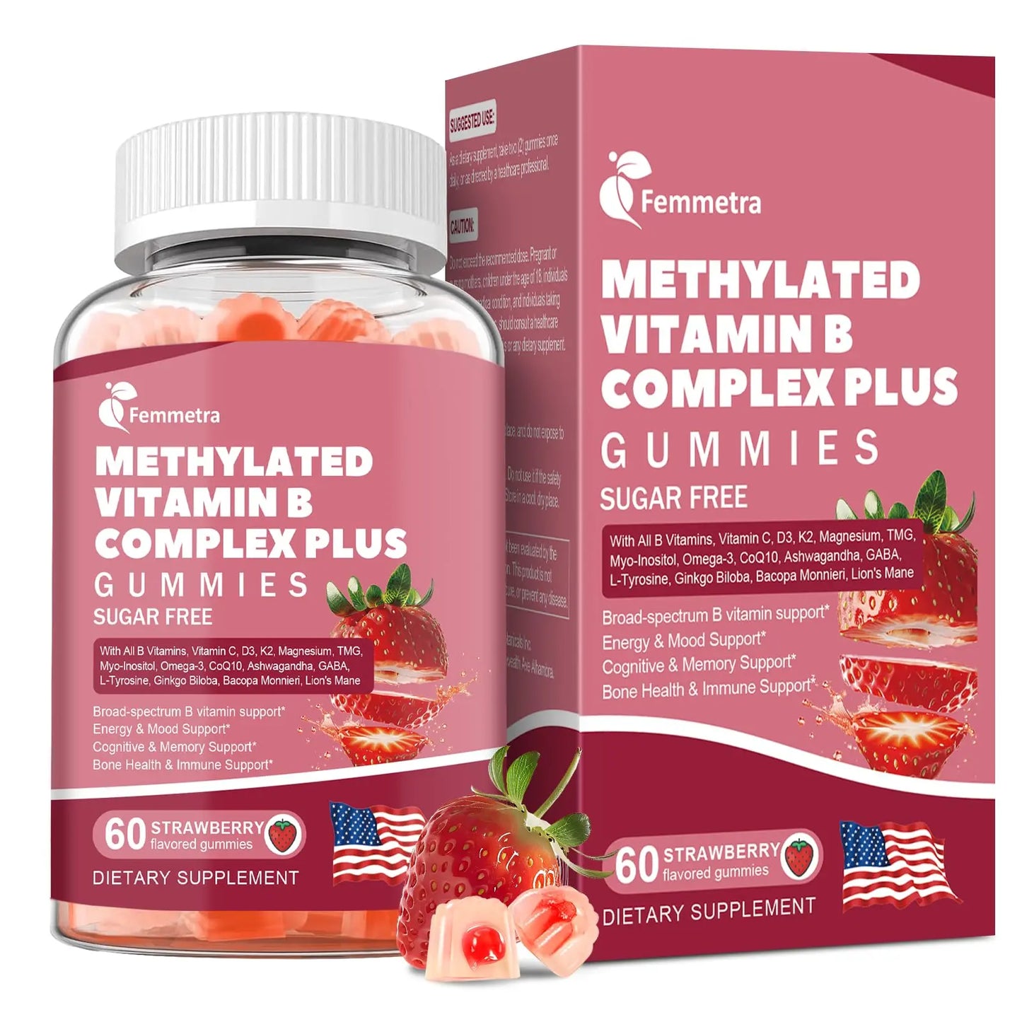 Ultra Methylated Vitamin B Complex Sugar Free Gummies - All B Vitamins + Vitamin C D3 K2 Ashwagandha Magnesium Omega 3 CoQ10 for Women Men - Methyl Vitamin B12 Femmetra