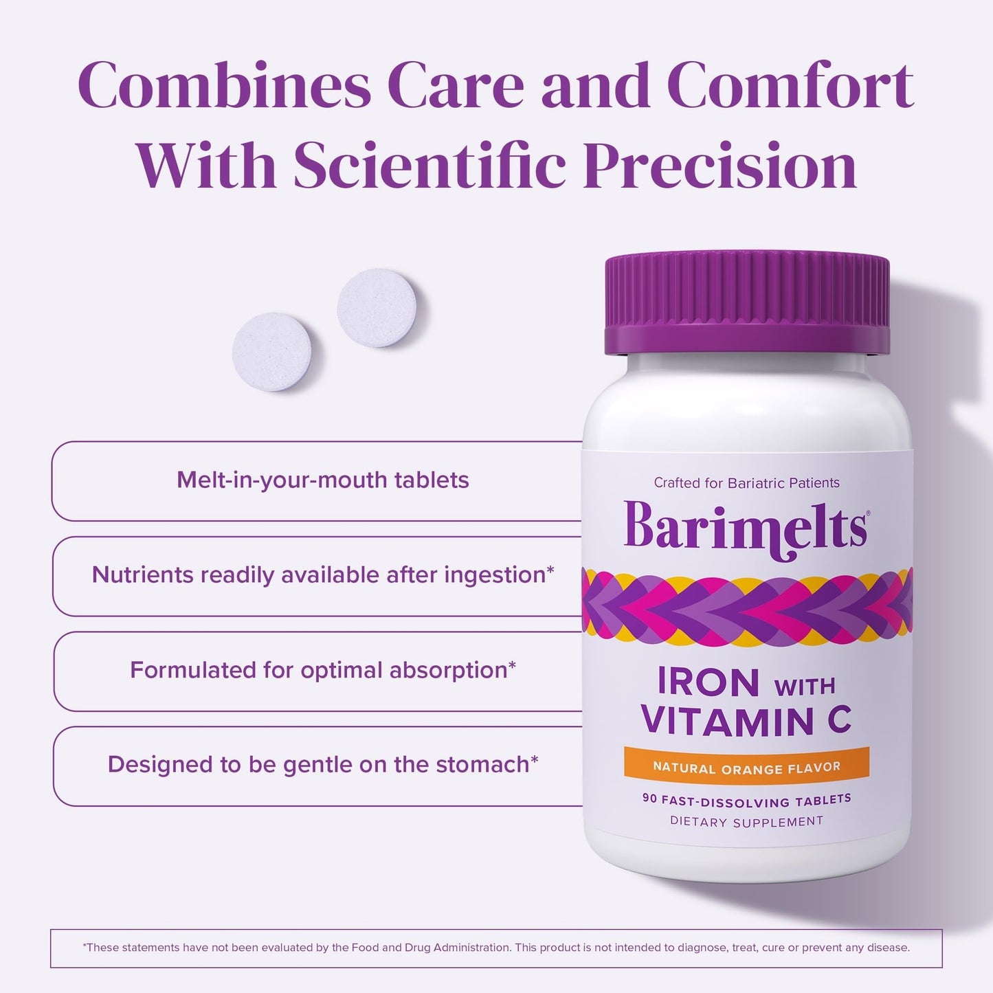 Barimelts Iron with Vitamin C, 90 Fast-Dissolving Tablets (1-Month Supply), Sugar-Free Bariatric Iron Supplement for Women, Natural Orange Flavor BariMelts
