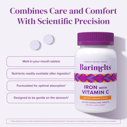 Barimelts Iron with Vitamin C, 90 Fast-Dissolving Tablets (1-Month Supply), Sugar-Free Bariatric Iron Supplement for Women, Natural Orange Flavor BariMelts